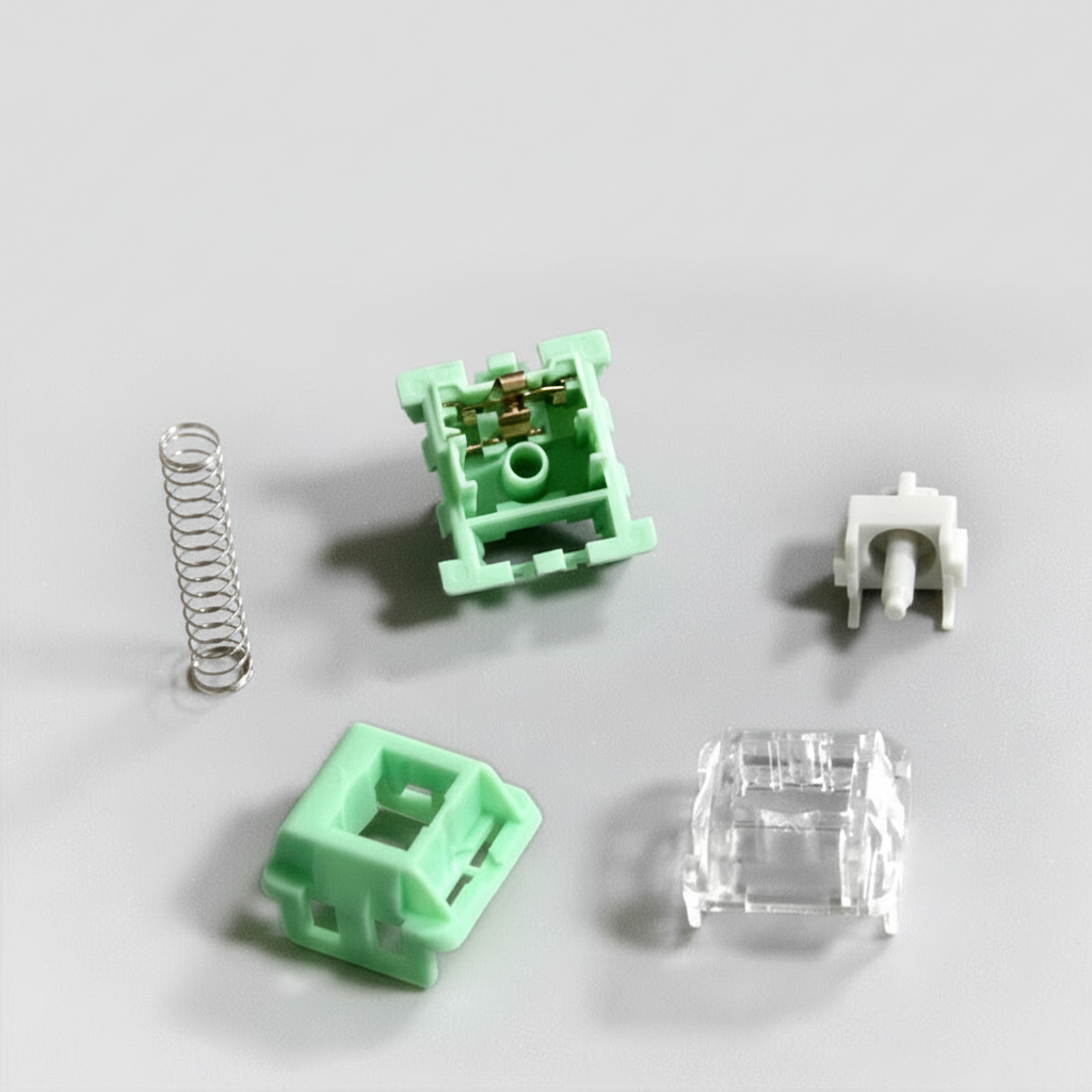 Mechanical keyboard switch disassembled on a gray background