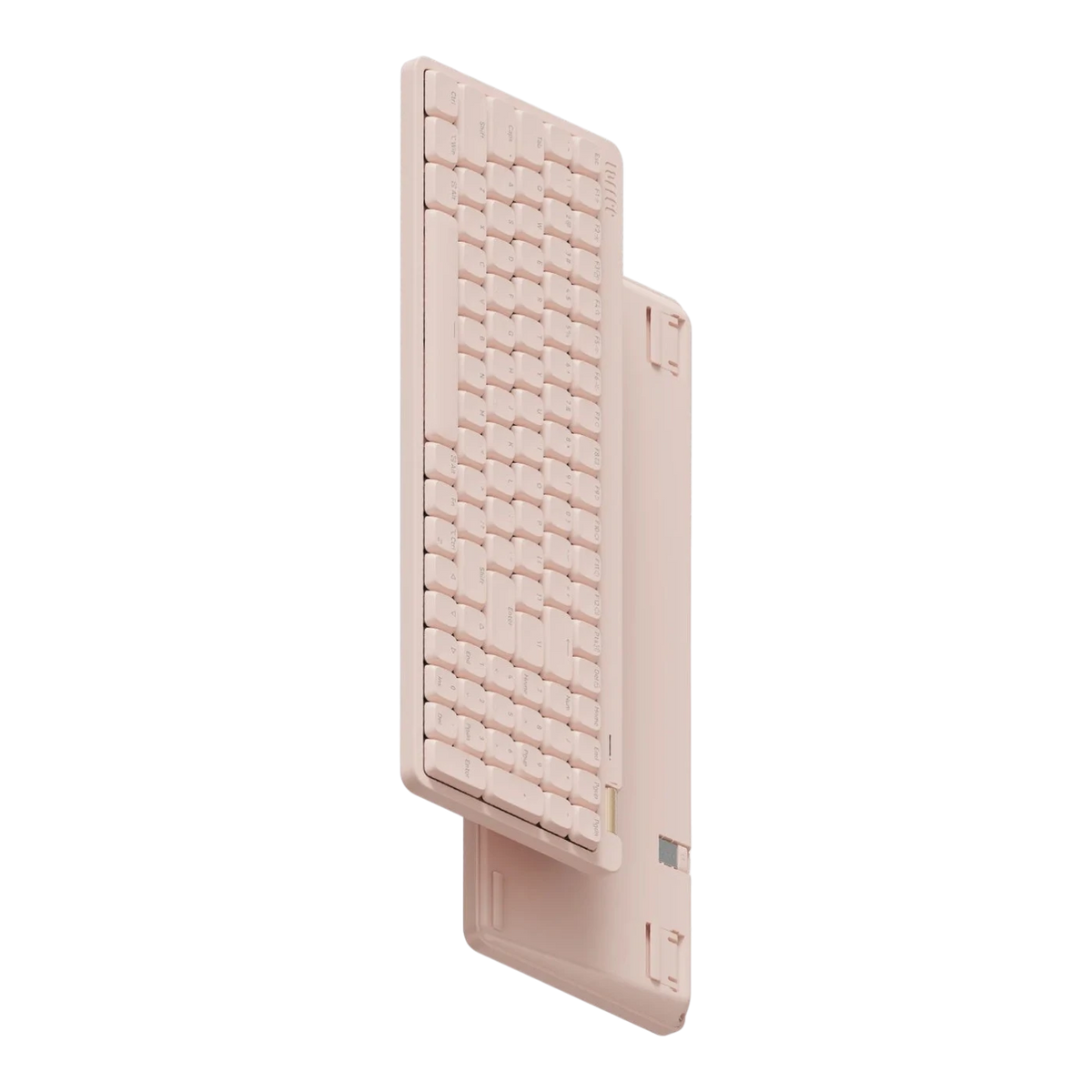 Lofree Flow Lite100 flamingo pink low-profile mechanical keyboard front and back view showing flip-out feet and USB-C port