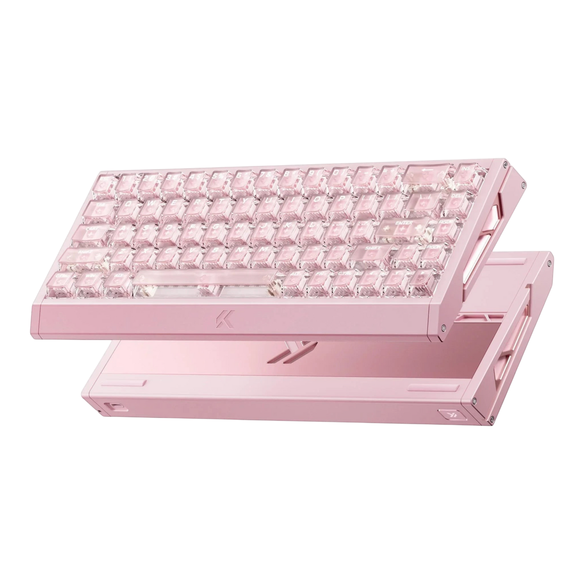 Mchose Ace 68 GT mechanical keyboard in pink aluminium case, and pink mount tai switches showing through transparent polycarbonate keycaps