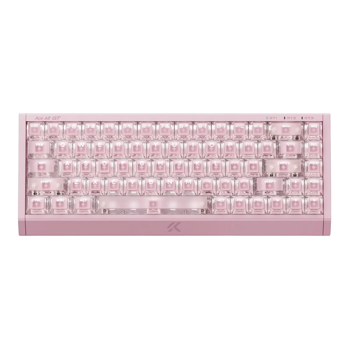 Mchose Ace 68 GT mechanical gaming keyboard in pink aluminium case and pink mount tai switches showing through transparent polycarbonate keycaps