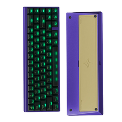 Mechanical keyboard with green backlighting and a purple case