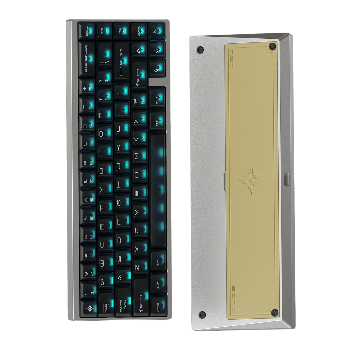 Mechanical keyboard with blue backlighting and a metallic case.
