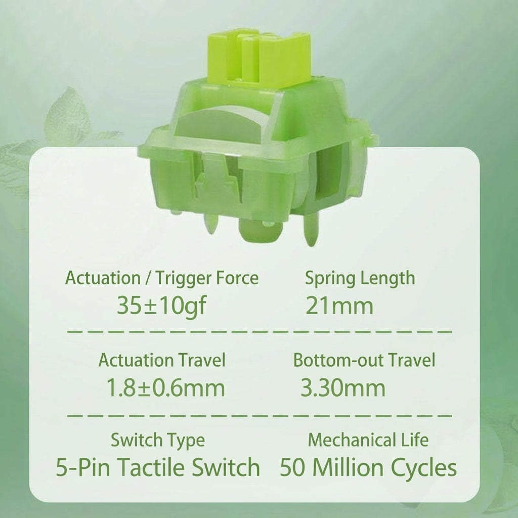 Green mechanical switch with specifications on a light green background