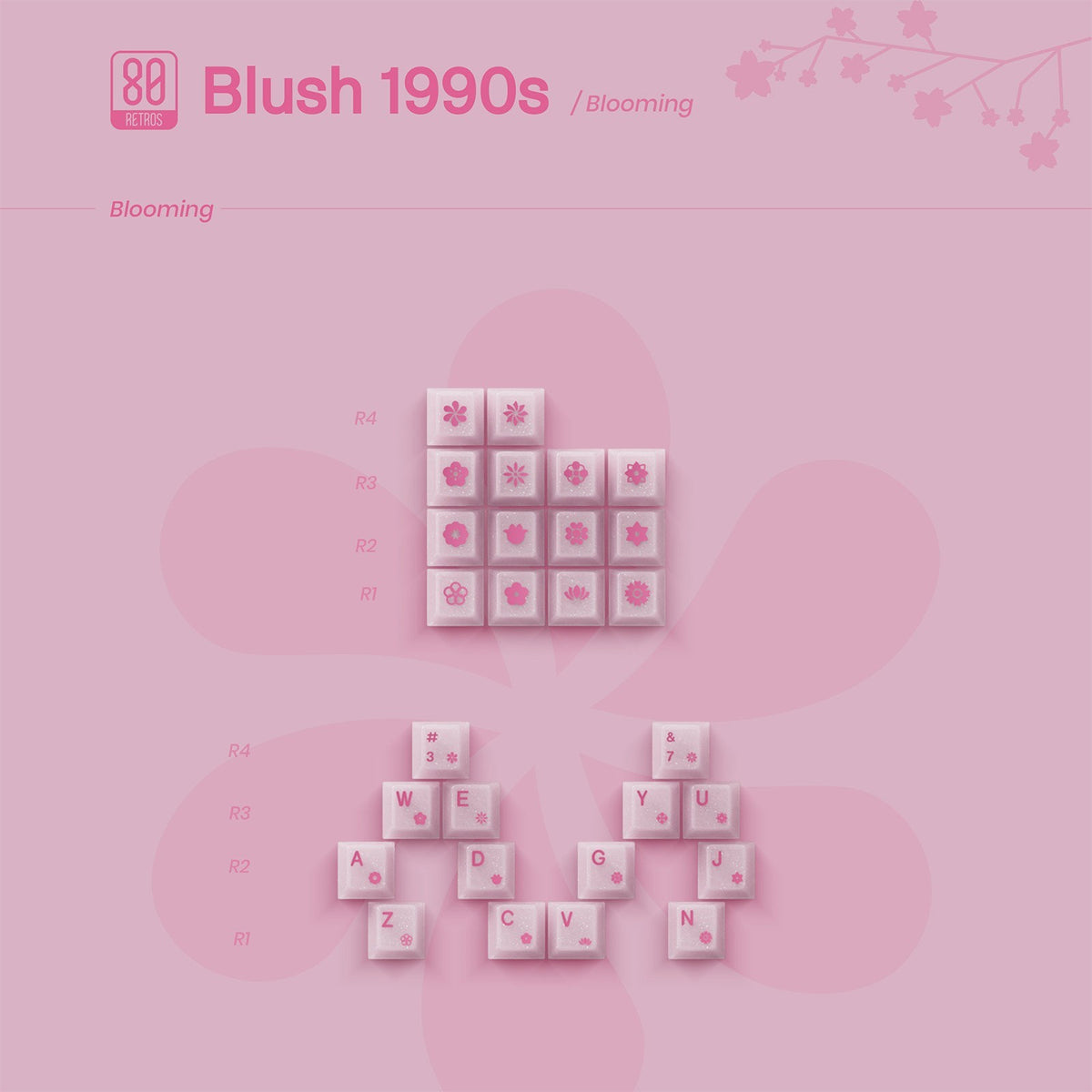 OZO Keyboards 80Retros Blush 1990s keycap set featuring soft pink cherry blossom and manga-inspired floral motifs.