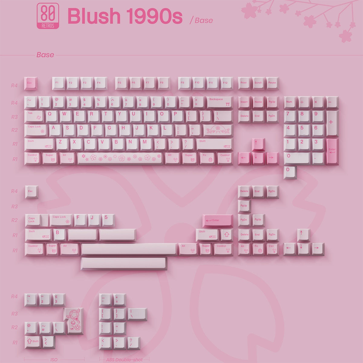 OZO Keyboards 80Retros Blush 1990s pink ABS double-shot keycap set with cherry blossom and manga-inspired legends