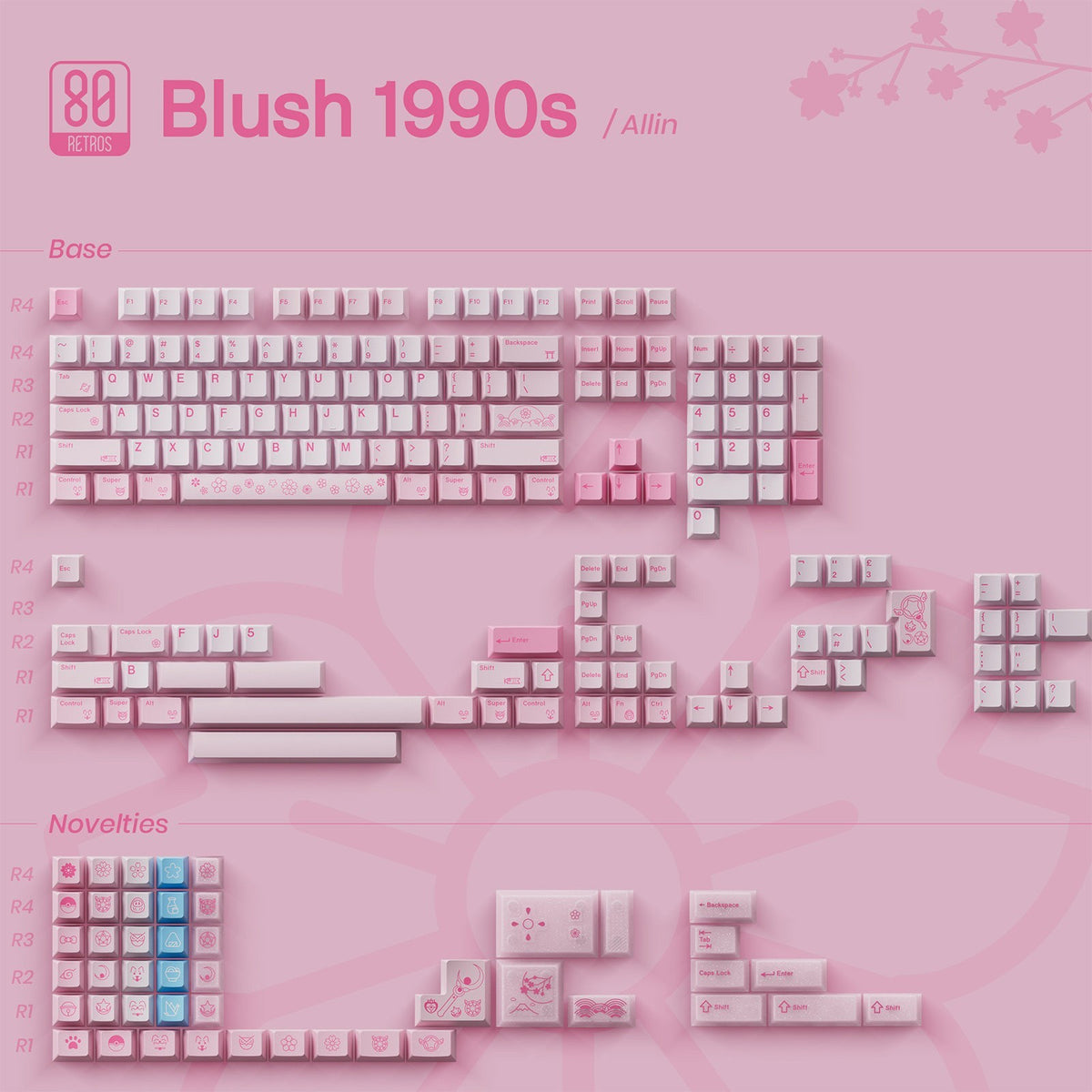 OZO Keyboards 80Retros Blush 1990s pink mechanical keycap set with cherry blossom and Shoujo manga inspired graphics.