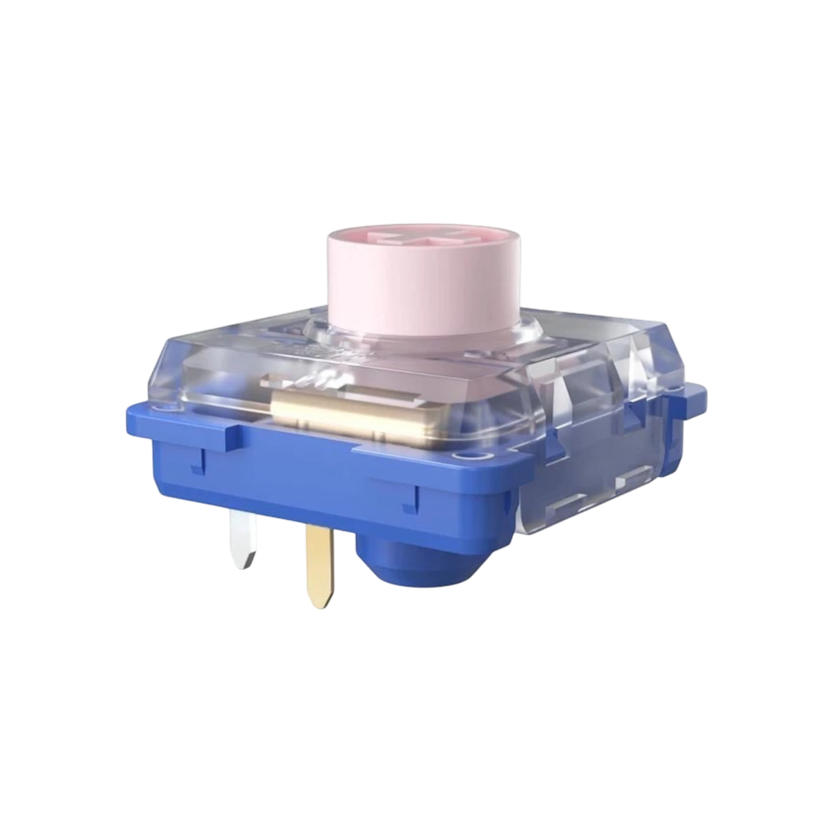 Kailh Deep Sea silent low-profile mechanical switch with a blue base, clear housing, and pink stem.