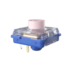 Kailh Deep Sea silent low-profile mechanical switch with a blue base, clear housing, and pink stem.