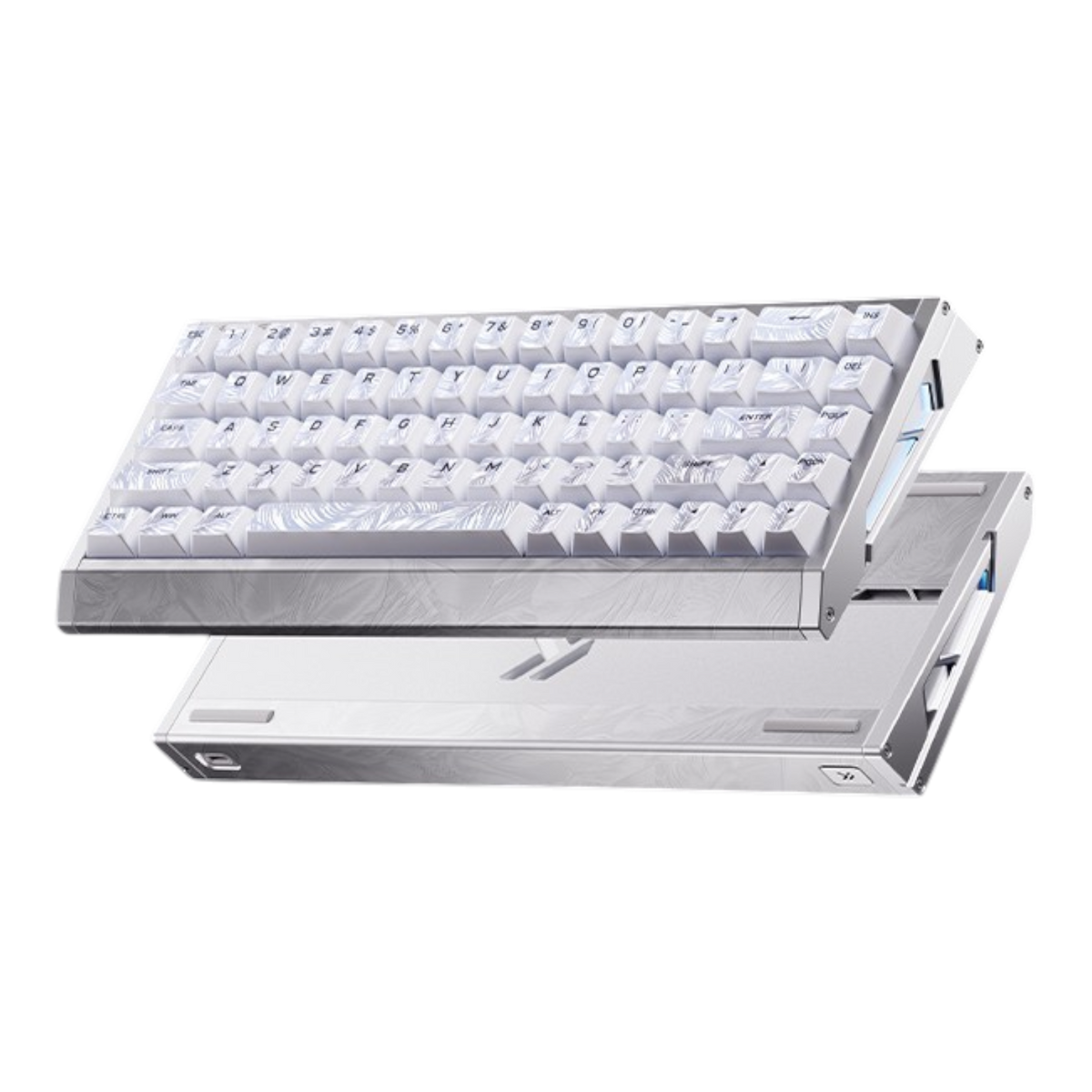 OZO Keyboards MCHOSE Ace 68 GT aluminium mechanical gaming keyboard in silver with feather pattern engravings and white keycaps with frost-like feather pattern print.
