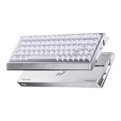 OZO Keyboards MCHOSE Ace 68 GT aluminium mechanical gaming keyboard in silver with feather pattern engravings and white keycaps with frost-like feather pattern print.