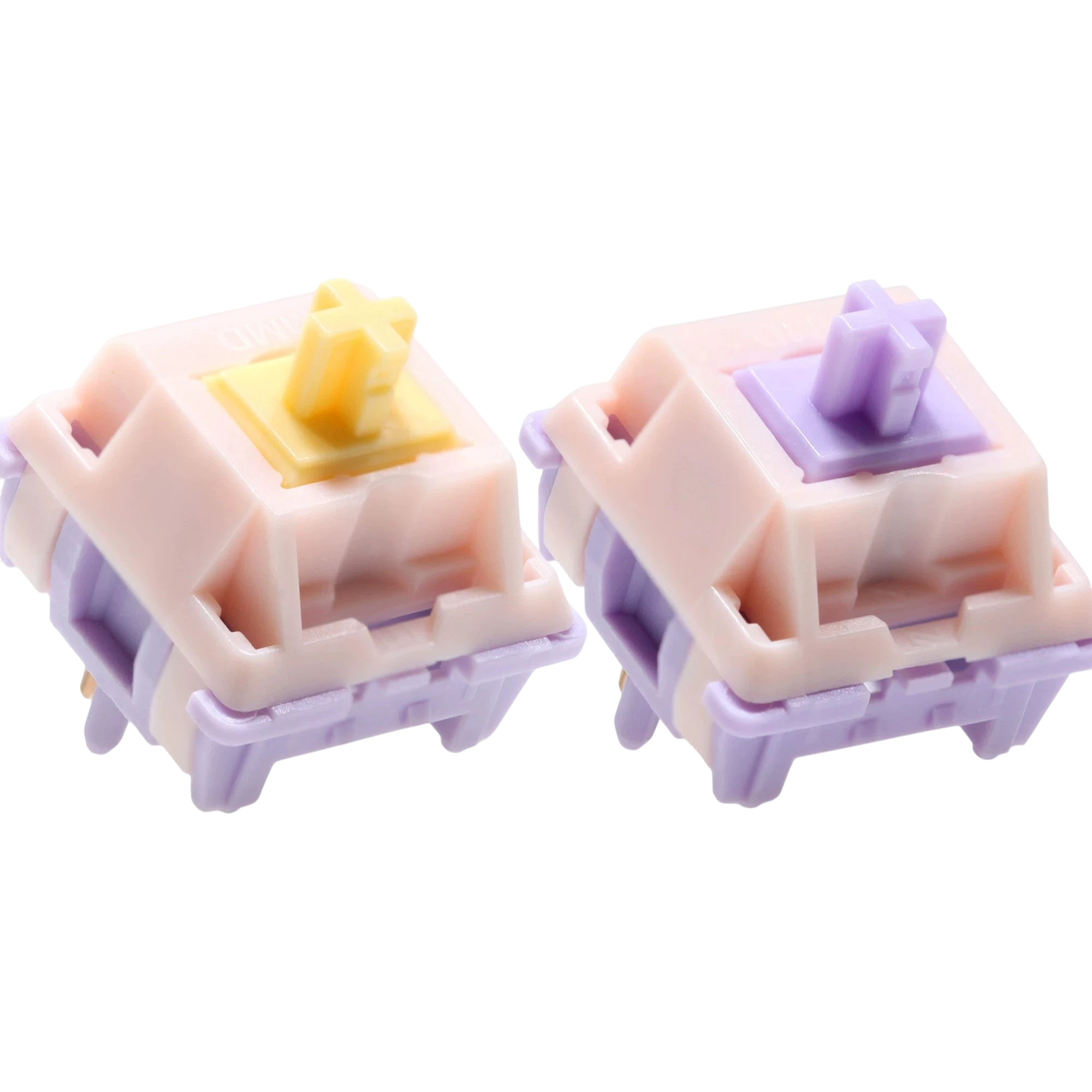 OZO Keyboards MMD Princess V2 mechanical switches with pink housings and yellow or purple stems on white background