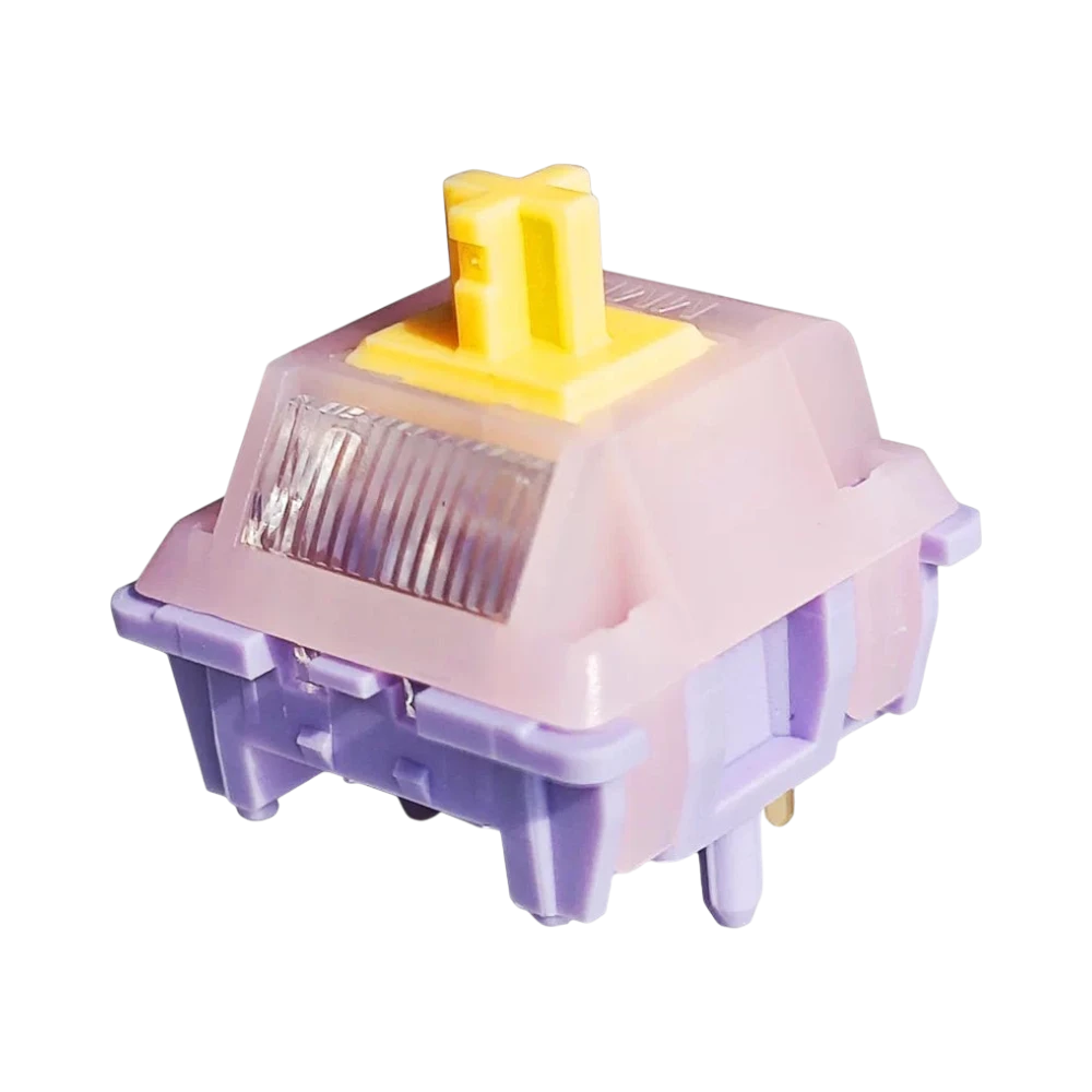 OZO Keyboards Princess V5 mechanical switch with a yellow stem, translucent pink top, and purple nylon base.