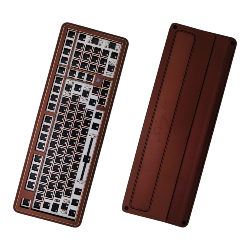 OZO Keyboards Story100 brown aluminum barebone mechanical keyboard showing top and bottom case views