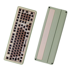 OZO Keyboards Story100 sage green aluminum 100% mechanical keyboard barebone kit showing top and bottom views