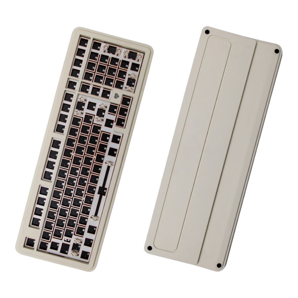 OZO Keyboards Story100 barebone 100% mechanical keyboard with a beige aluminum case and copper-colored switch plate