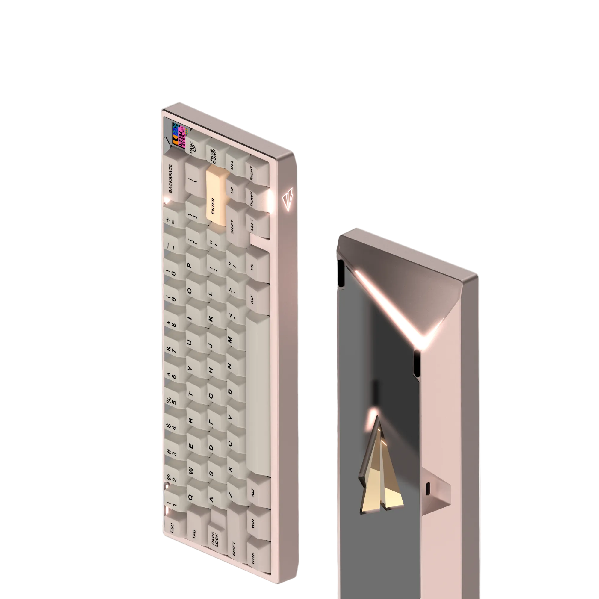 Paper65 mechanical keyboard with keycaps in imperial copper case with mirror PVD backweight.