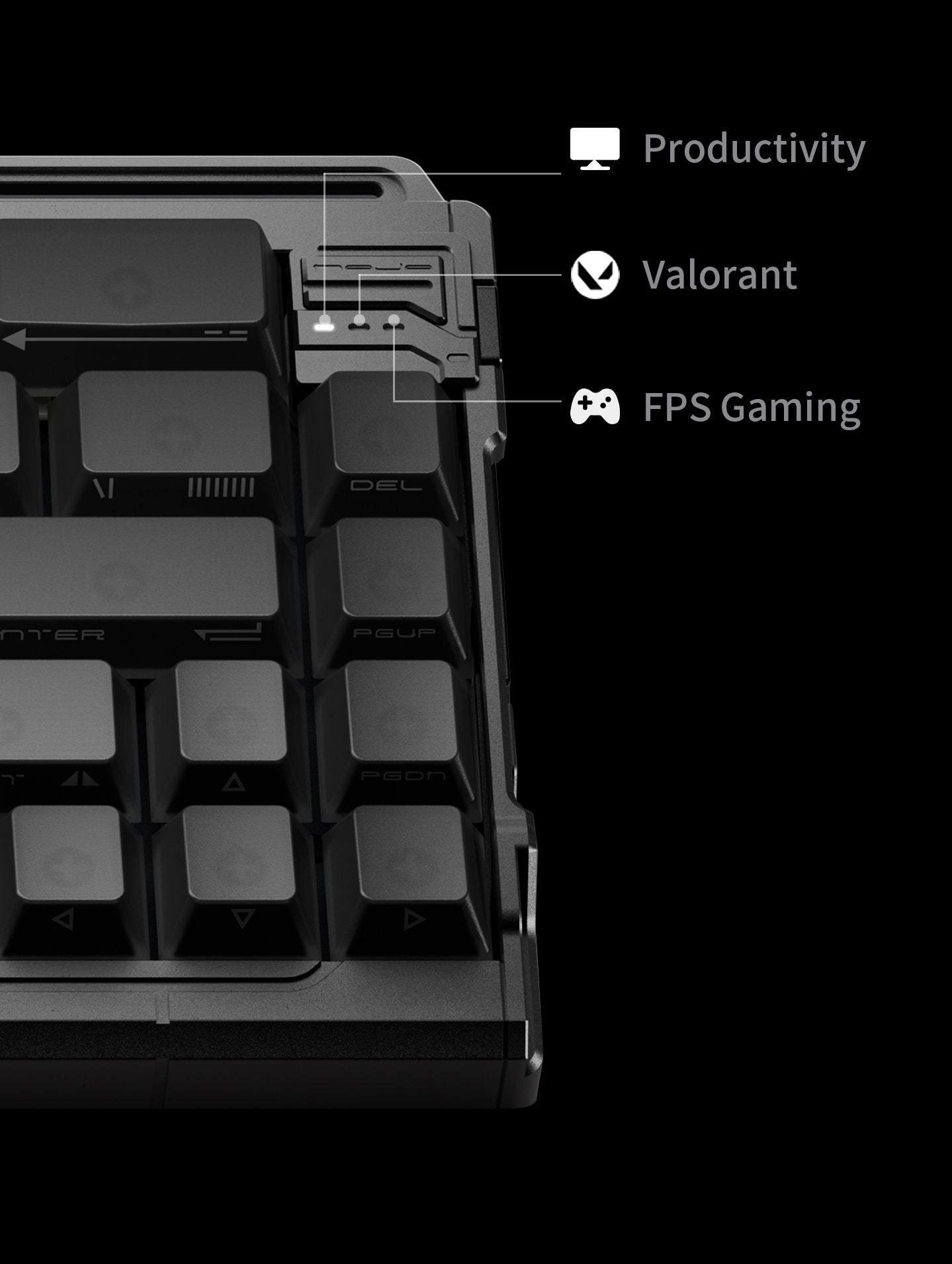 Keyboard with labeled sections for productivity, Valorant, and FPS gaming on a black background
