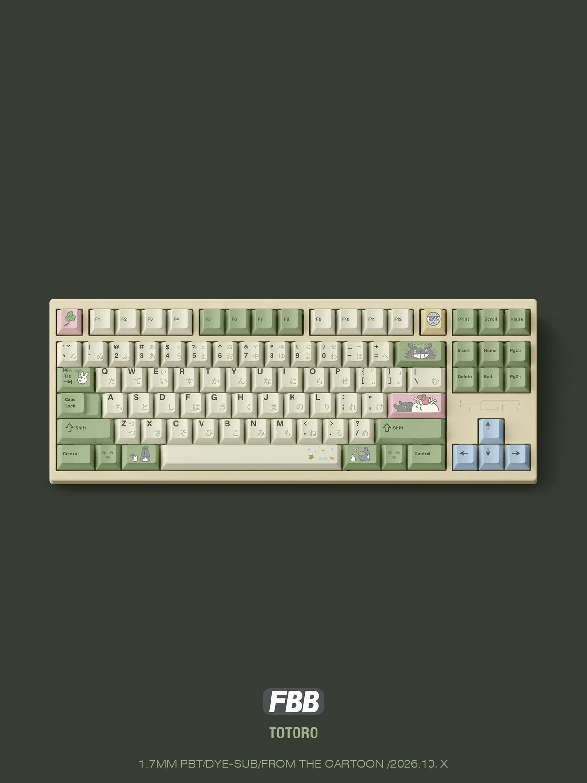 Totoro keycap set on a cream TKL keyboard with Japanese legends and Totoro novelty keycaps, top view