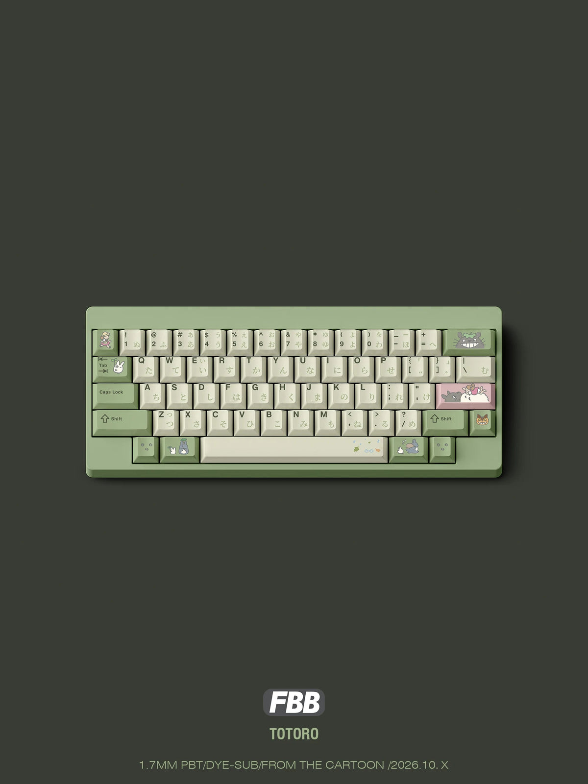 Totoro keycap set on a green 60% keyboard with Japanese hiragana legends, top view