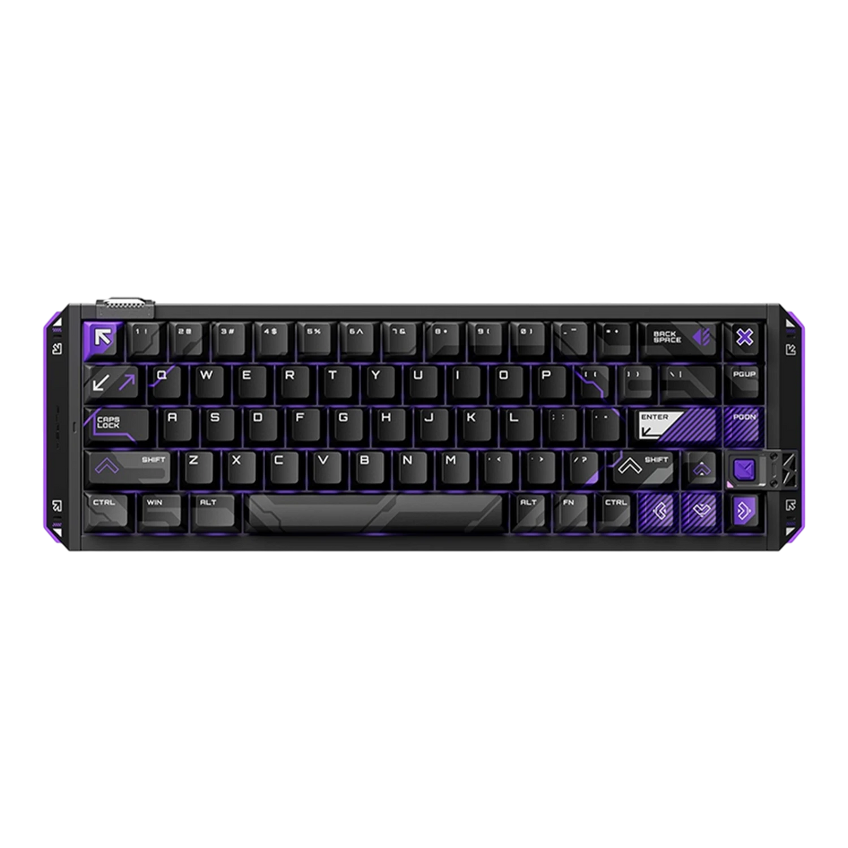 VGN FLASH 68HE aluminum gaming keyboard with black and purple custom keycaps and RGB lighting