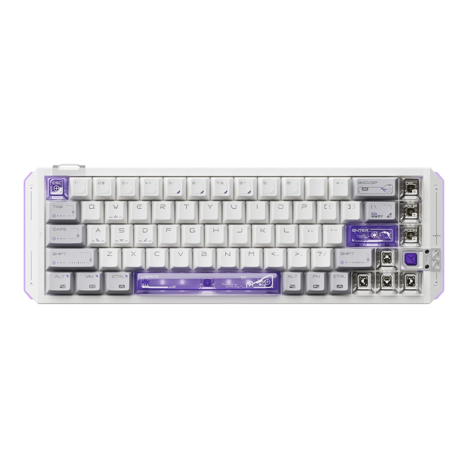 VGN FLASH 68HE aluminum magnetic switch gaming keyboard with white and purple keycaps on a black background