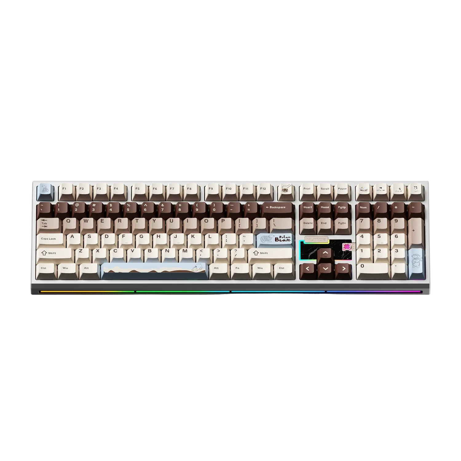 Weikav nut108 mechanical keyboard in silver colour with polar bear styled beige&brown keycap set