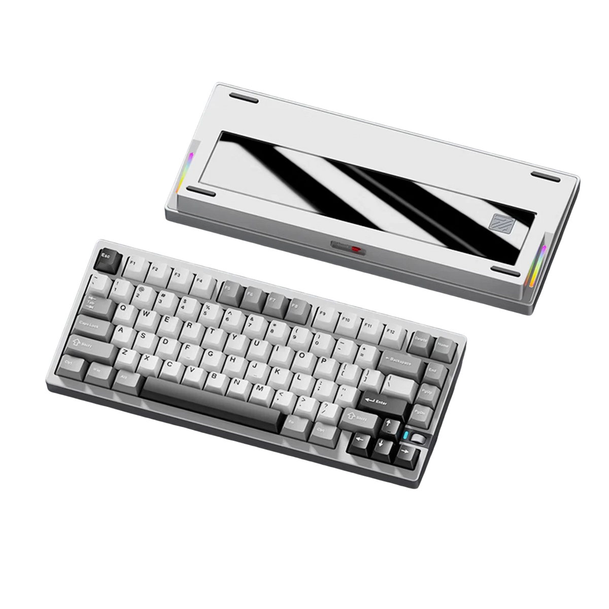Weikav NUT75 75% mechanical keyboard with silver aluminum case, grey PBT keycaps, and glass back plate.