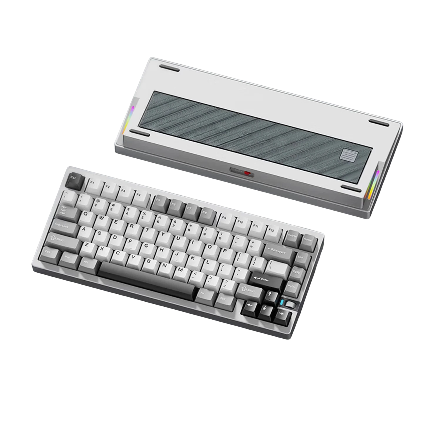 Weikav NUT75 75% mechanical keyboard with white CNC aluminum case, grey PBT keycaps, and glass back plate.
