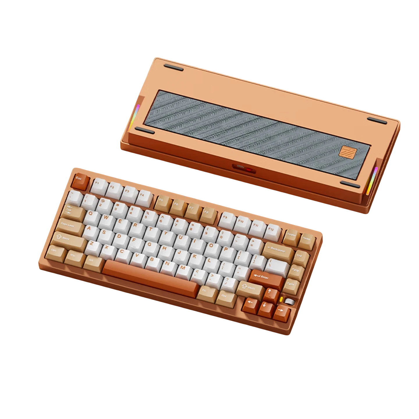 Weikav NUT75 75% aluminum mechanical keyboard with orange case, white and tan keycaps, and glass back plate.