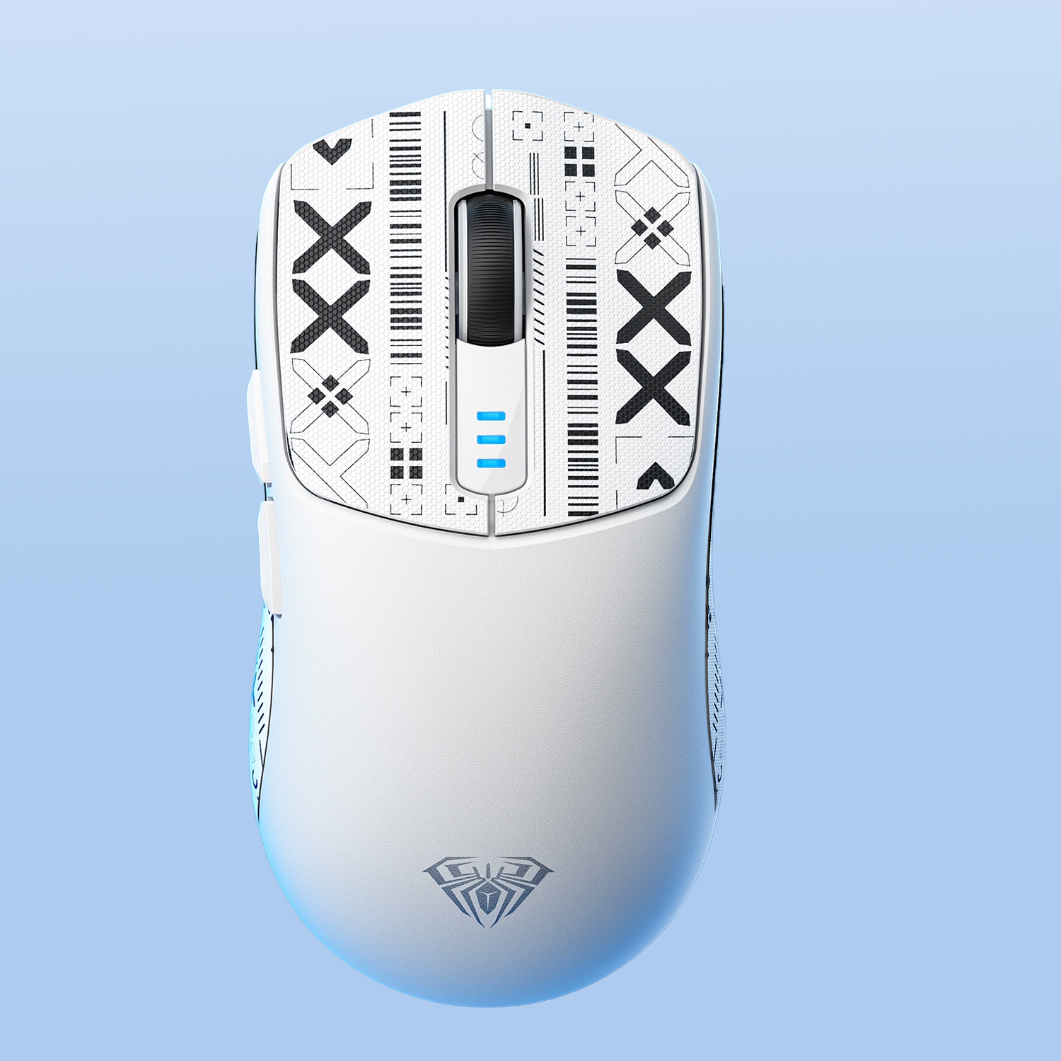 Gaming mouse with a unique design on a light blue background