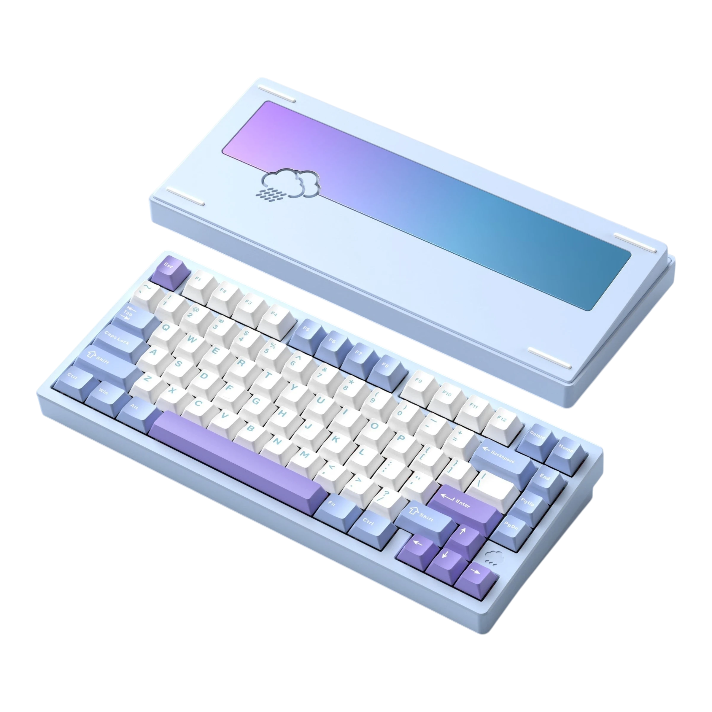 WOBKEY Rainy75 75% aluminum mechanical keyboard in a purple and white gradient with a rain cloud weight.