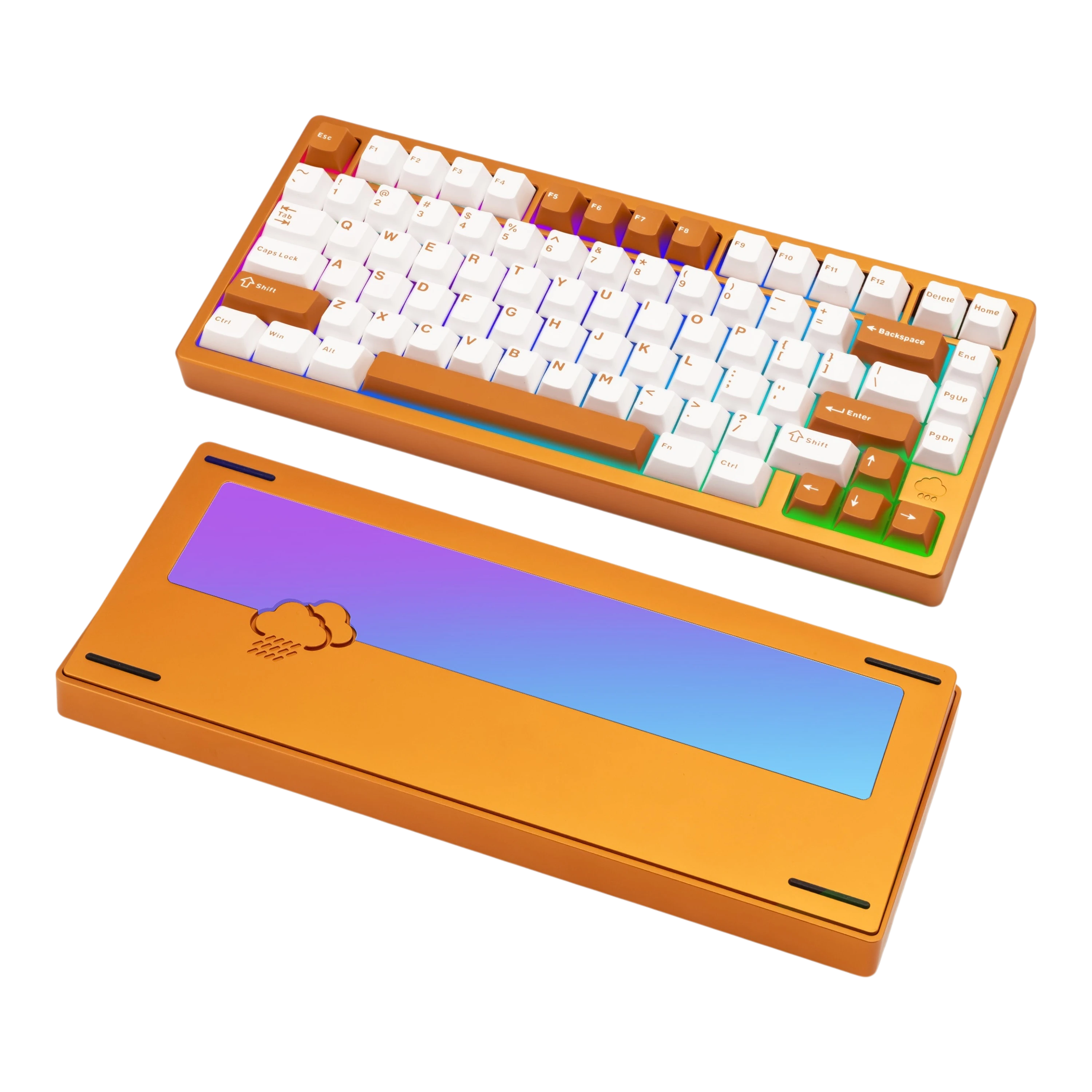 WOBKEY Rainy75 75% aluminum mechanical keyboard with white and brown keycaps and a rain cloud back weight