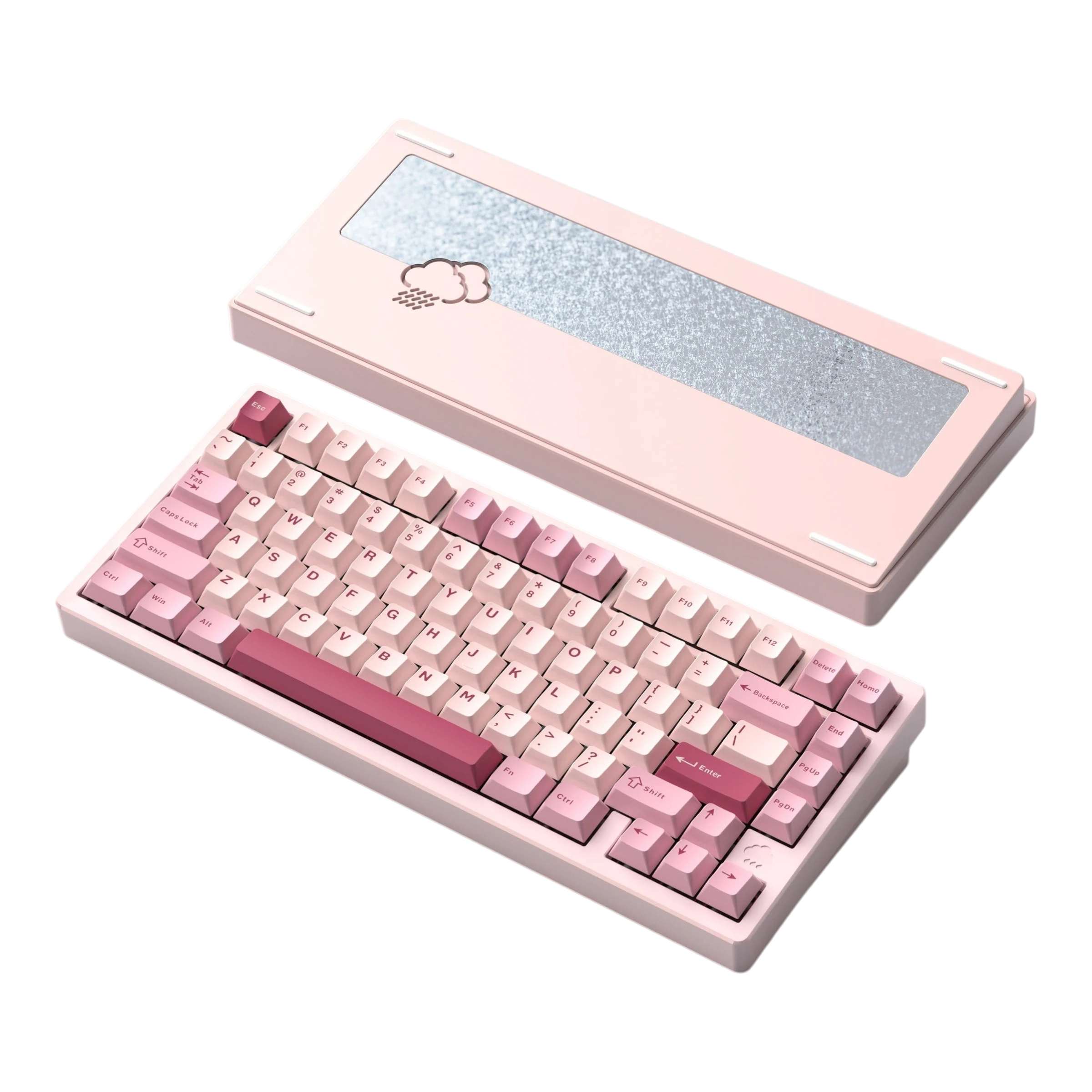 OZO Keyboards Rainy75 75% pink aluminum mechanical keyboard with custom rain cloud weight and PBT keycaps