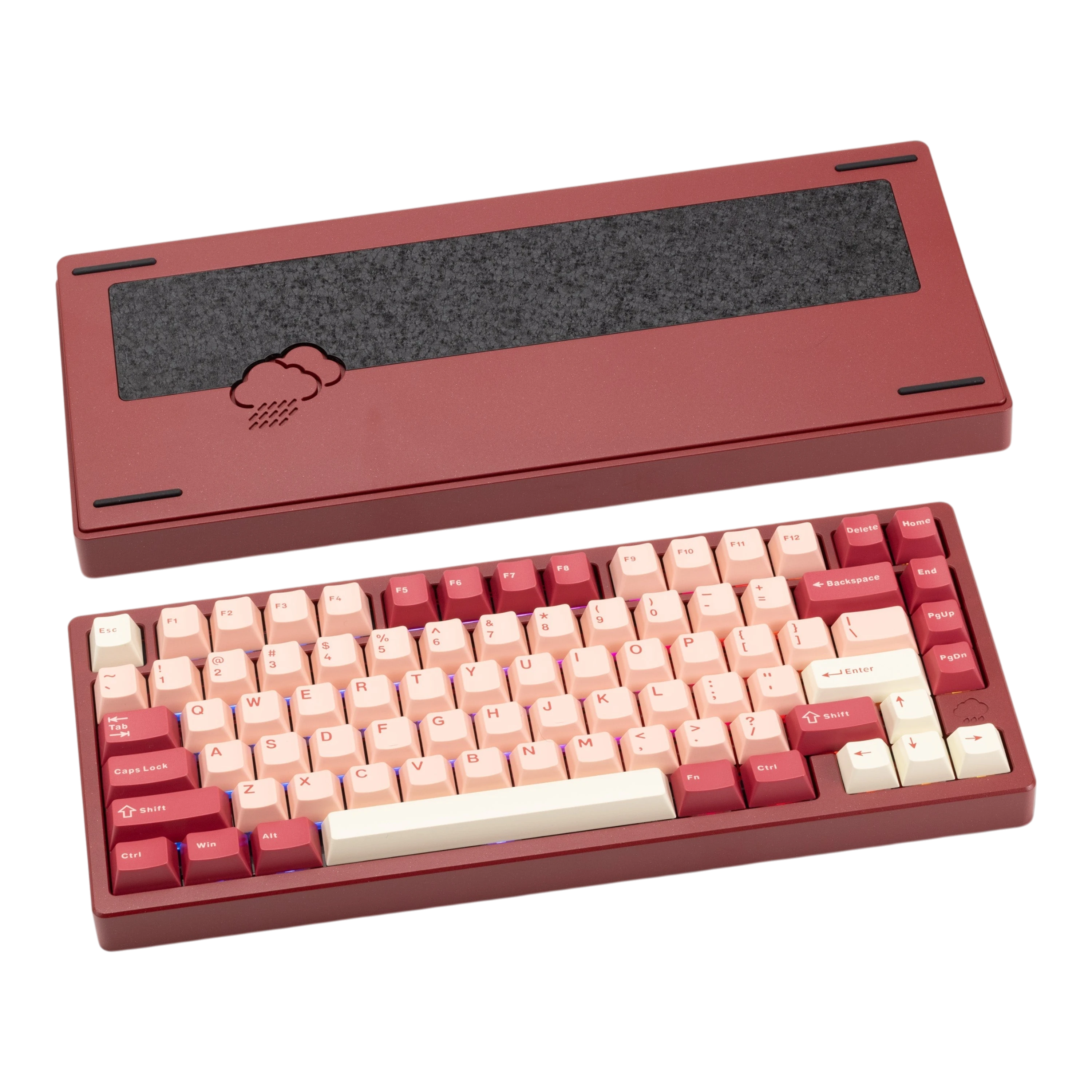 OZO Keyboards WOBKEY Rainy75 75% aluminum mechanical keyboard in maroon with cream keycaps and rain cloud weight