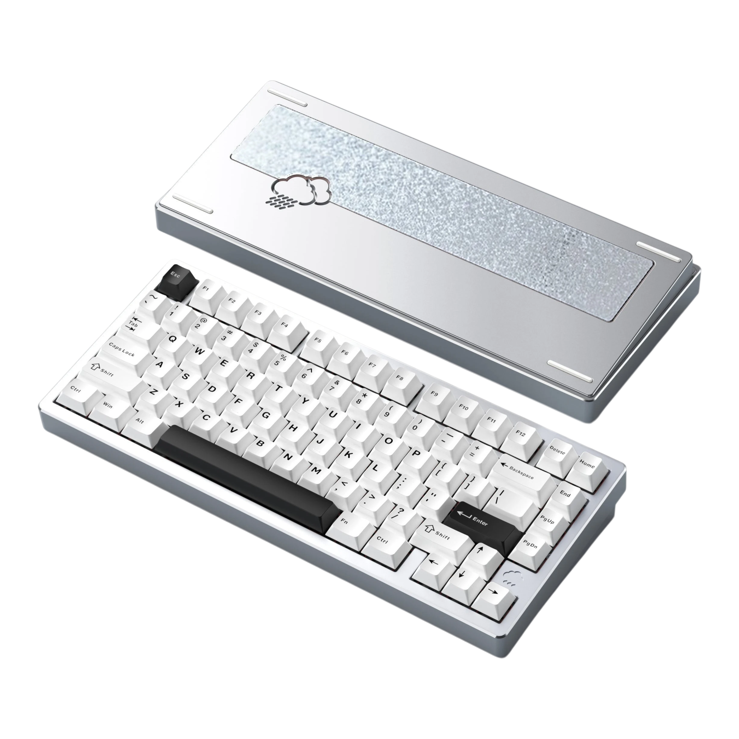 WOBKEY Rainy75 75% aluminum mechanical keyboard in silver with white keycaps and rain cloud weight