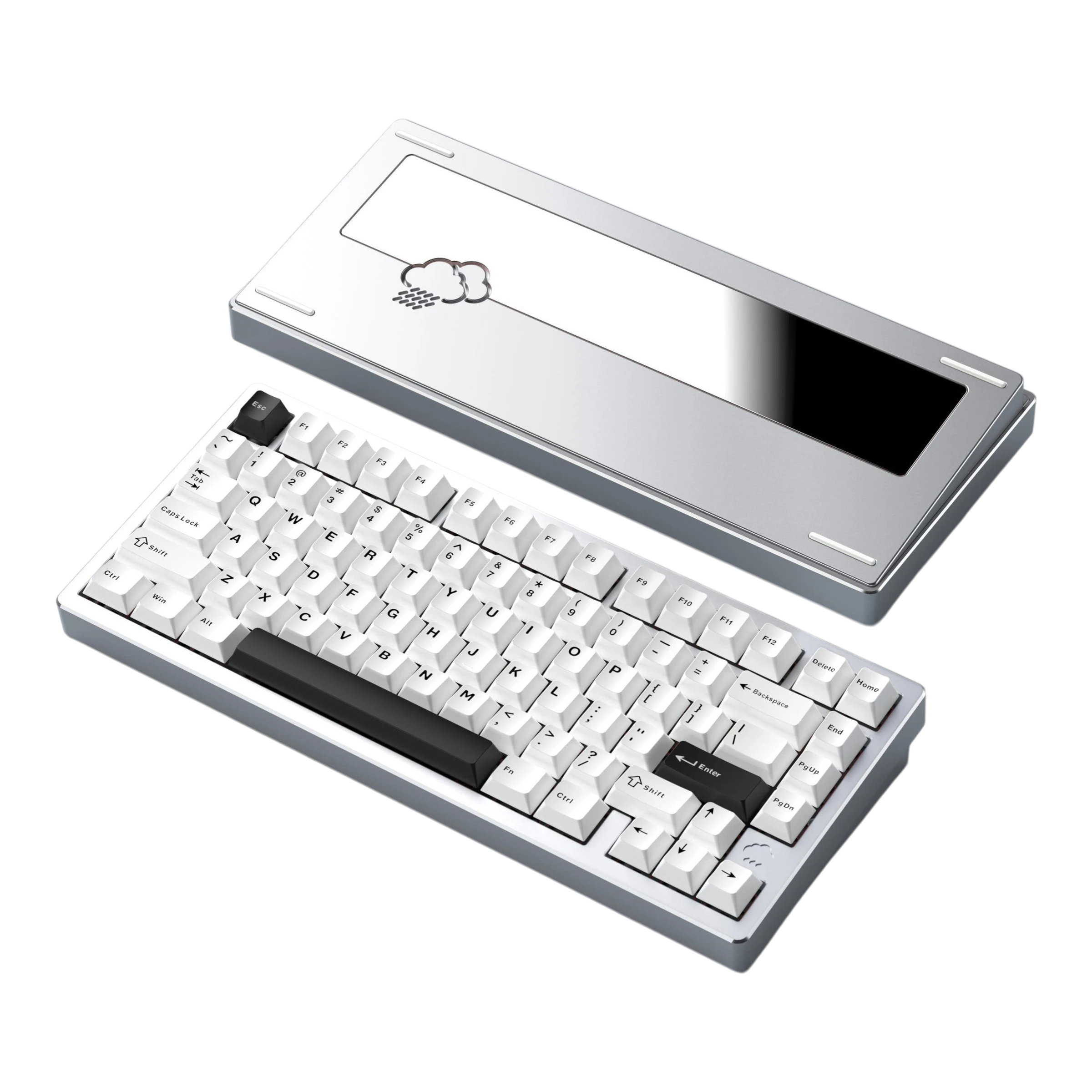WOBKEY Rainy75 silver aluminum 75% mechanical keyboard with white keycaps and rain cloud weight design
