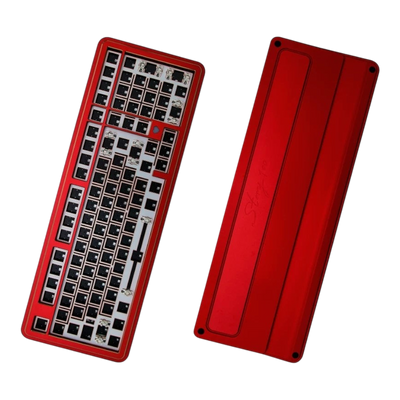 OZO Keyboards Story100 red aluminum 100% mechanical keyboard barebone kit showing top and bottom views