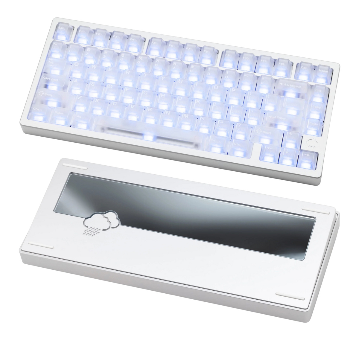 OZO Keyboards WOBKEY Rainy75 white 75% aluminum mechanical keyboard with backlit keys and rain cloud weight design