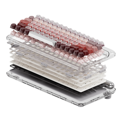 An exploded view of a mechanical keyboard keycap set inside a transparent custom shell, showing the layered structure with various keycap colors and textures on a solid white background.