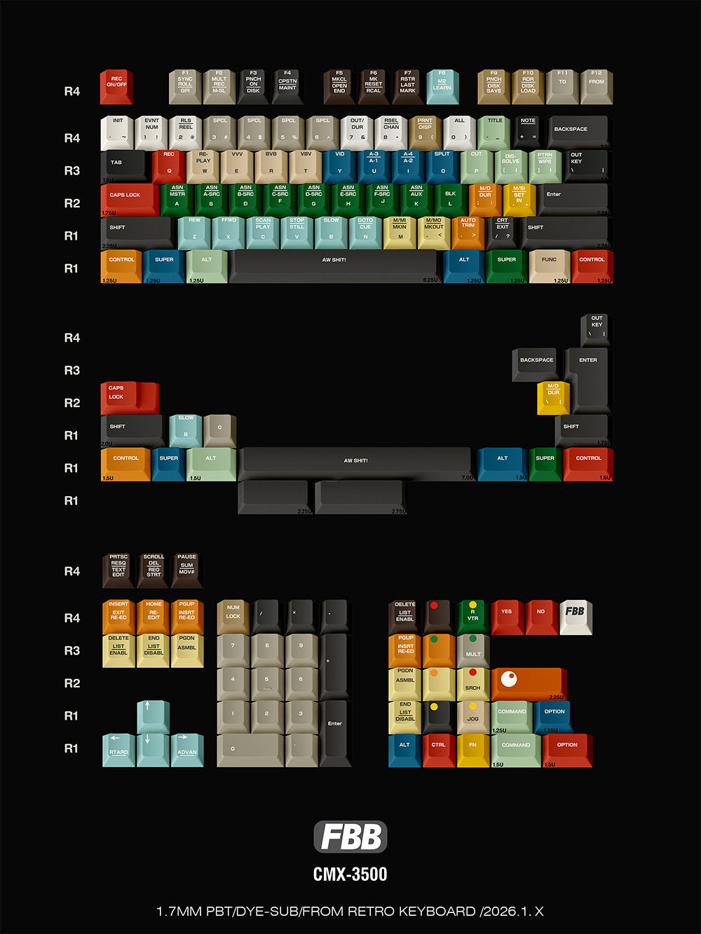 FBB – Retro CMX 3500 PBT Tasten-Set für ISO/ANSI (Fünf-Seiten-Gravur)