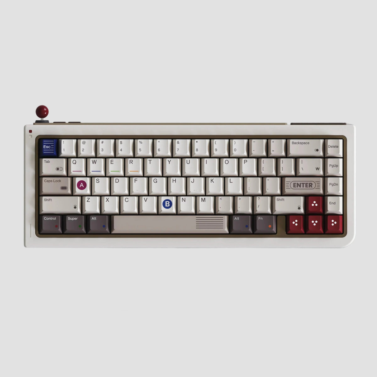 80Retros GB65 65% keyboard in Warm Grey with red joystick, top view on a grey background