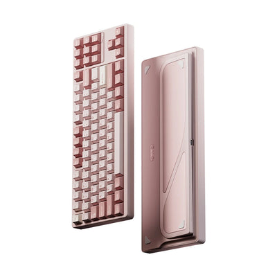 Evo80 80% TKL mechanical keyboard in spray-coated babypink, top and bottom view 