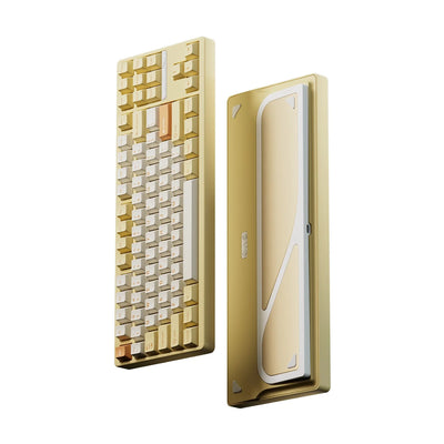 Evo80 80% TKL mechanical keyboard in spray-coated butter yellow, top and bottom view 