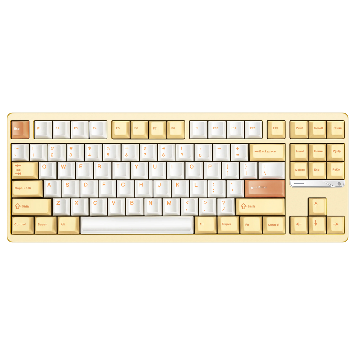 Evo80 80% TKL mechanical keyboard in spray-coated butter yellow, top-down front view 