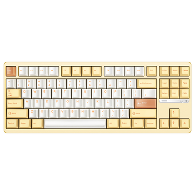 Evo80 80% TKL mechanical keyboard in spray-coated butter yellow, top-down front view 