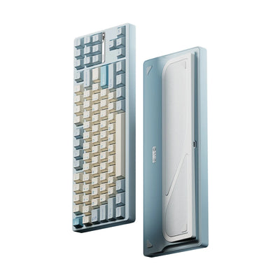Evo80 80% TKL mechanical keyboard in spray-coated iceberg, top and bottom view 