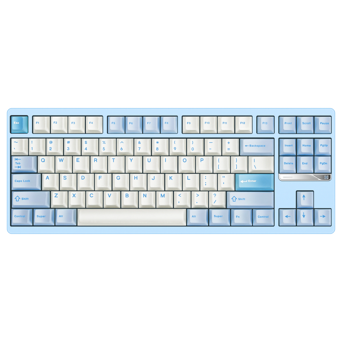 Evo80 80% TKL mechanical keyboard in spray-coated iceberg, top-down front view 