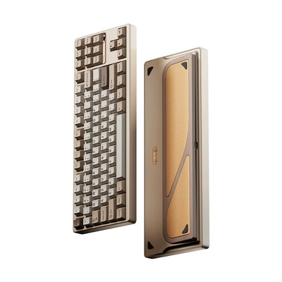 Evo80 80% TKL mechanical keyboard in anodized sandgold, top and bottom view 