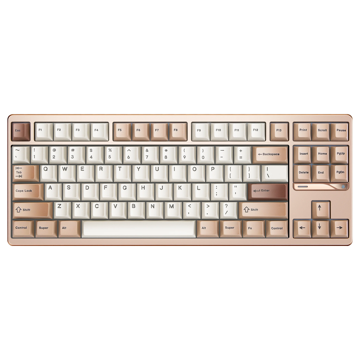 Evo80 80% TKL mechanical keyboard in anodized sandgold, top-down front view 