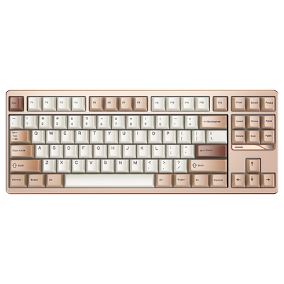 Evo80 80% TKL mechanical keyboard in anodized sandgold, top-down front view 